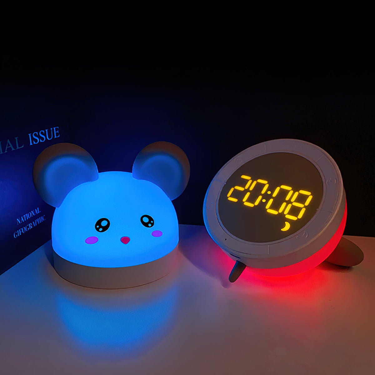 Cat Mouse Clock Night Light - Rechargeable Silicone LED Alarm Clock | Tail-Rotating Dimmer & Sound Activated Display