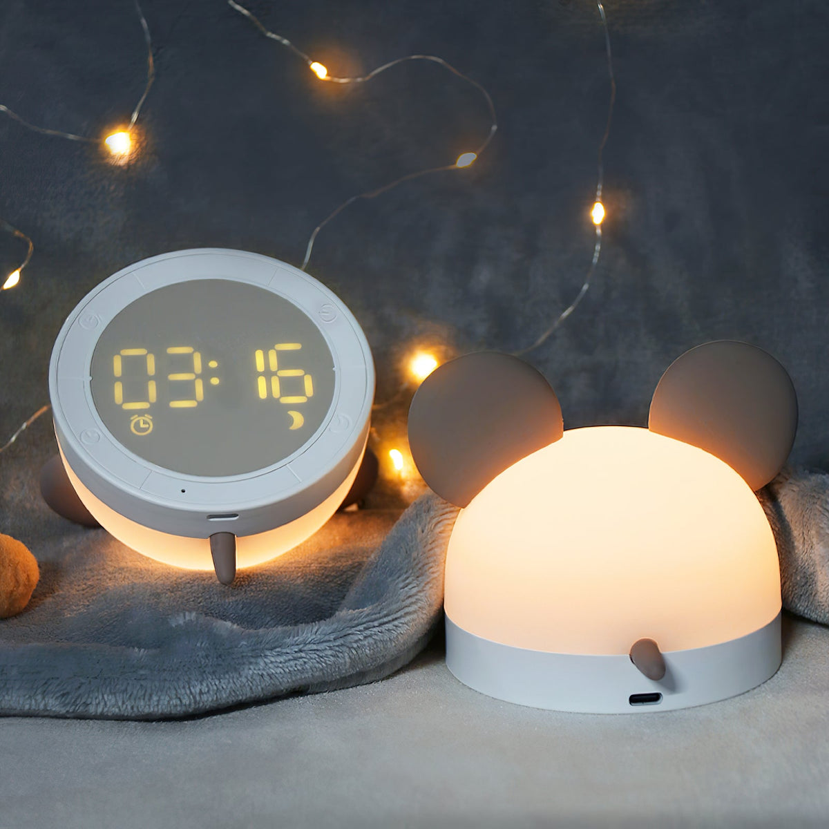Cat Mouse Clock Night Light - Rechargeable Silicone LED Alarm Clock | Tail-Rotating Dimmer & Sound Activated Display