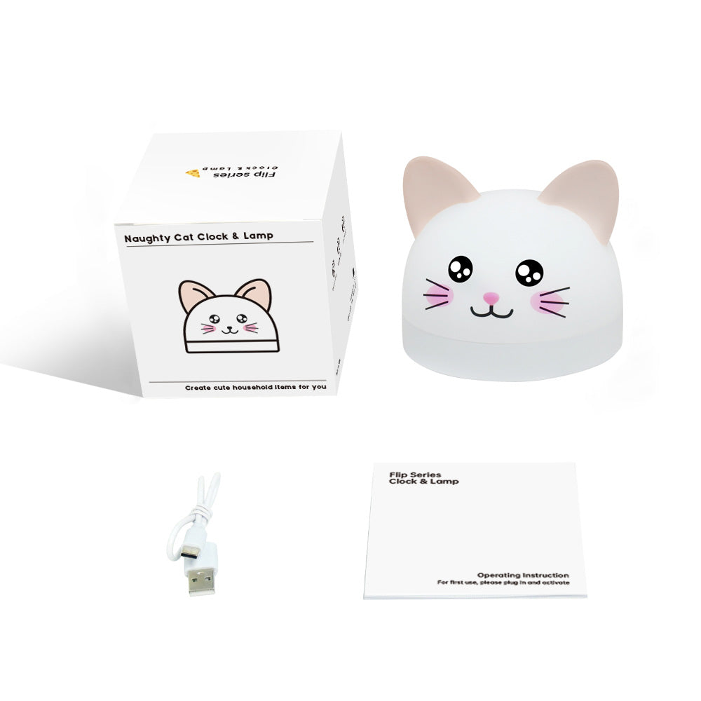 Cat Mouse Clock Night Light - Rechargeable Silicone LED Alarm Clock | Tail-Rotating Dimmer & Sound Activated Display
