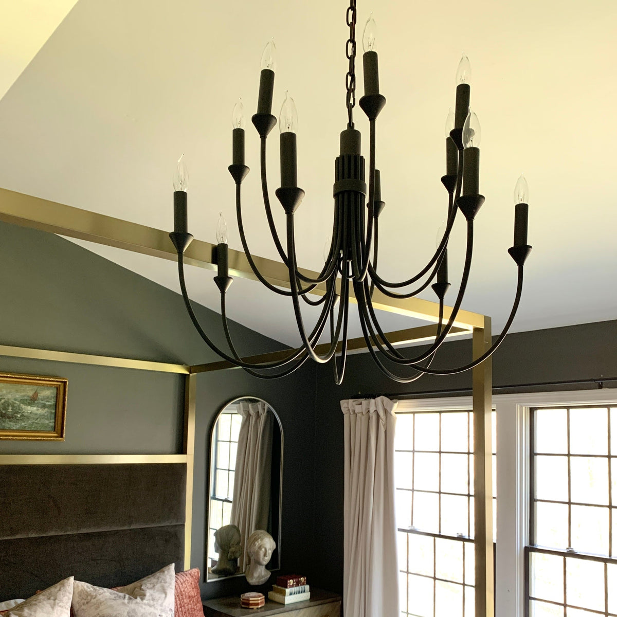 Cate Chandelier – Swooping Brass Arm Multi-Light Statement Chandelier