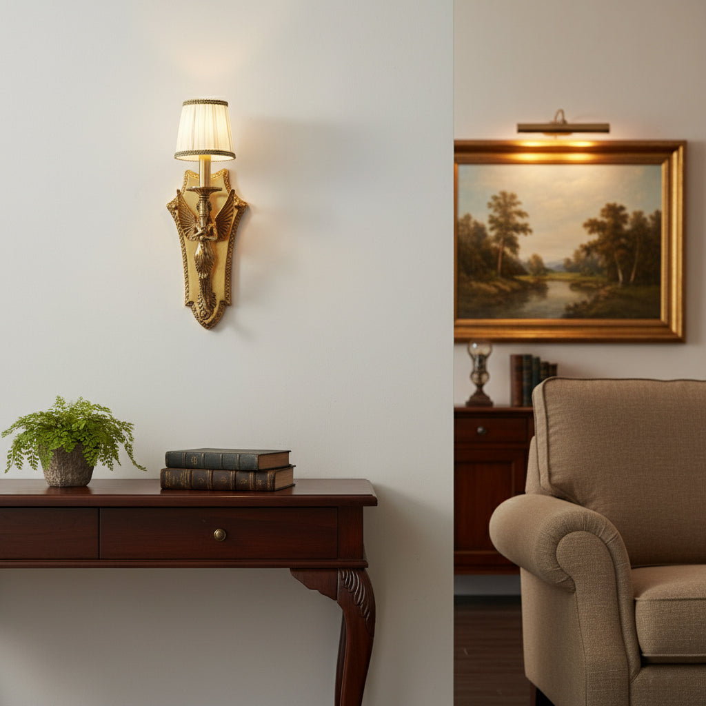 Caterina Brass Wall Lamp – French Provincial Ornate Brass & Fabric Shade Sconce
