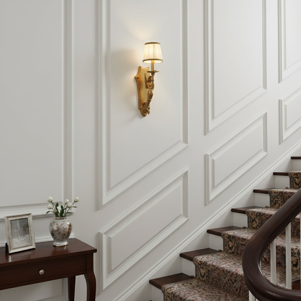 Caterina Brass Wall Lamp – French Provincial Ornate Brass & Fabric Shade Sconce
