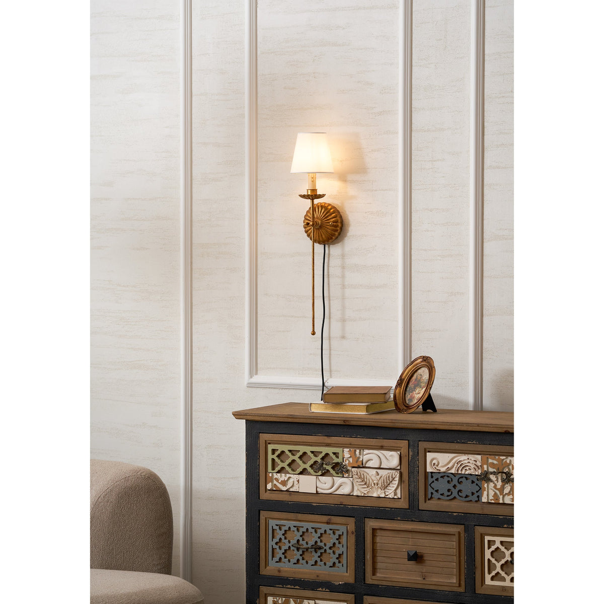 Catina Plug-in Wall Lamp – Antique Gold Leaf Fabric Shade Plug-In Sconce