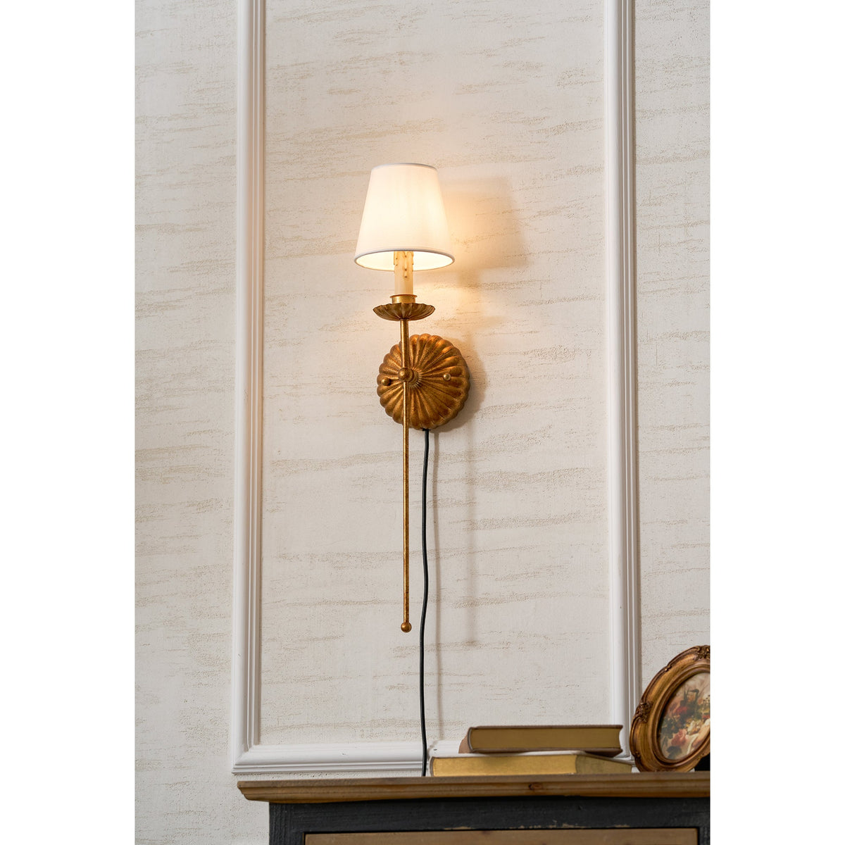 Catina Plug-in Wall Lamp – Antique Gold Leaf Fabric Shade Plug-In Sconce