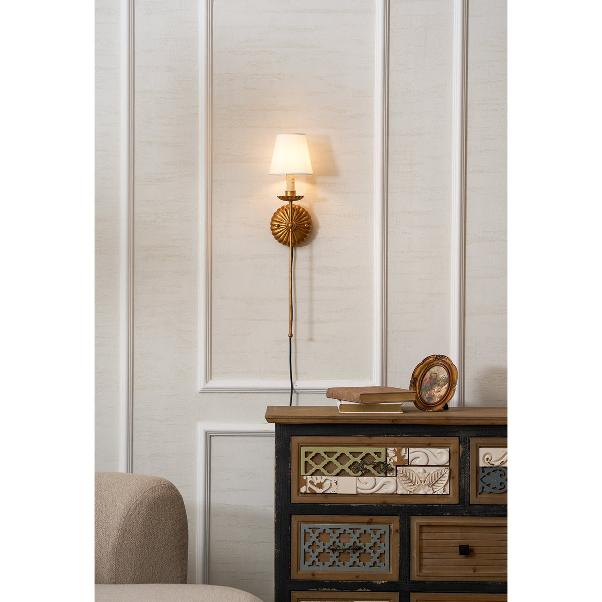 Catina Plug-in Wall Lamp – Antique Gold Leaf Fabric Shade Plug-In Sconce