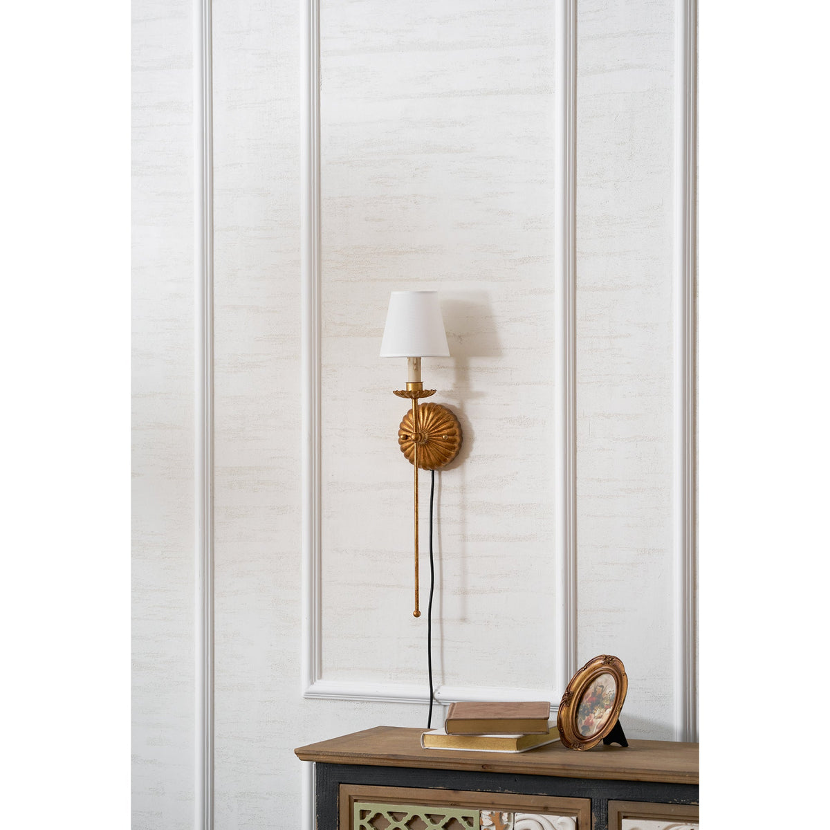 Catina Plug-in Wall Lamp – Antique Gold Leaf Fabric Shade Plug-In Sconce
