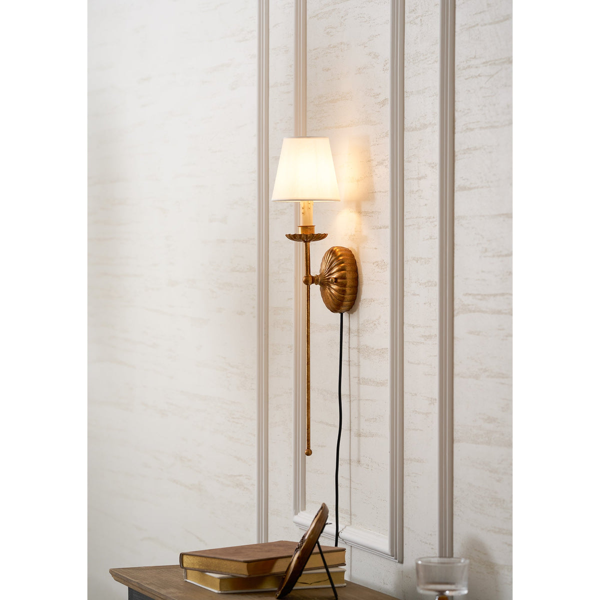 Catina Plug-in Wall Lamp – Antique Gold Leaf Fabric Shade Plug-In Sconce