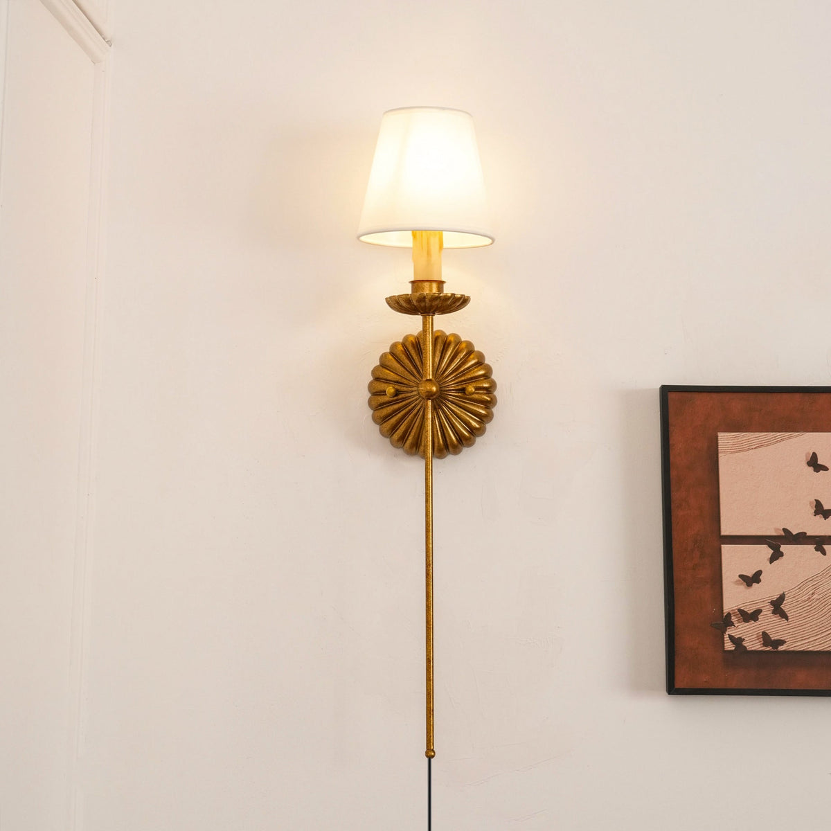 Catina Plug-in Wall Lamp – Antique Gold Leaf Fabric Shade Plug-In Sconce