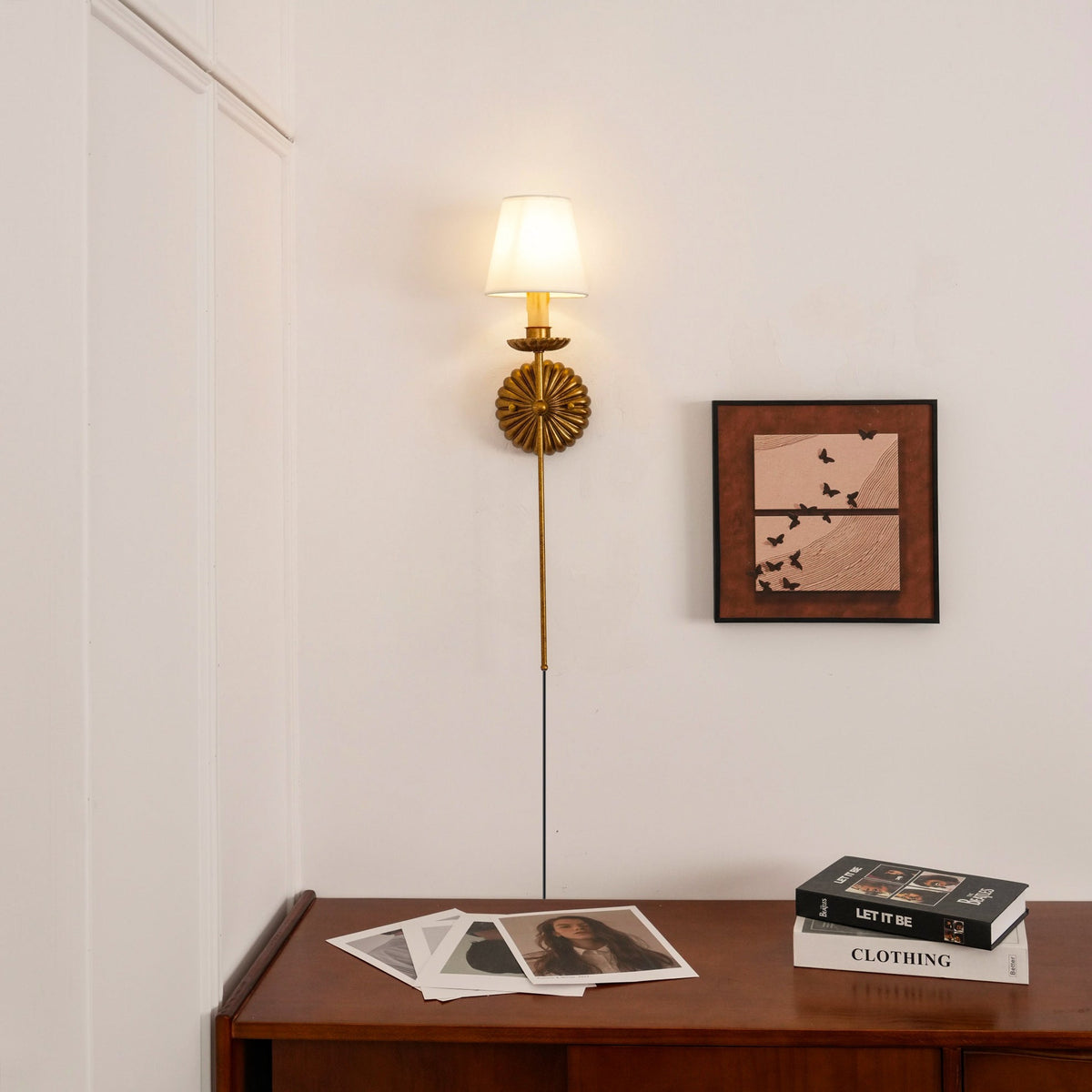 Catina Plug-in Wall Lamp – Antique Gold Leaf Fabric Shade Plug-In Sconce