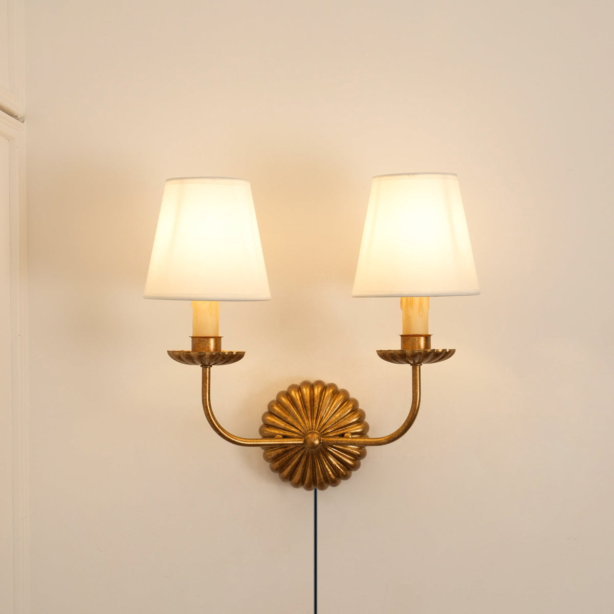 Catina Plug-in Wall Lamp – Antique Gold Leaf Fabric Shade Plug-In Sconce