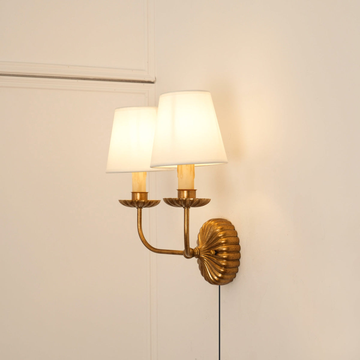 Catina Plug-in Wall Lamp – Antique Gold Leaf Fabric Shade Plug-In Sconce