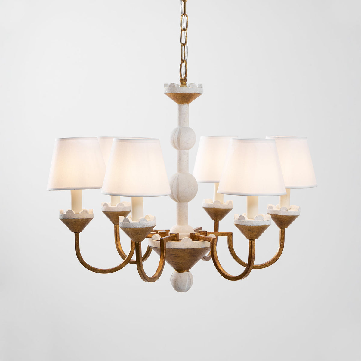 Cavaillon Chandelier – 1940s French Turned Wood & Fabric Shade Chandelier
