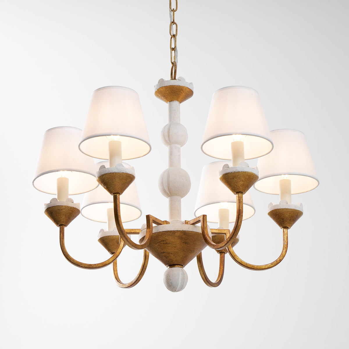 Cavaillon Chandelier – 1940s French Turned Wood & Fabric Shade Chandelier