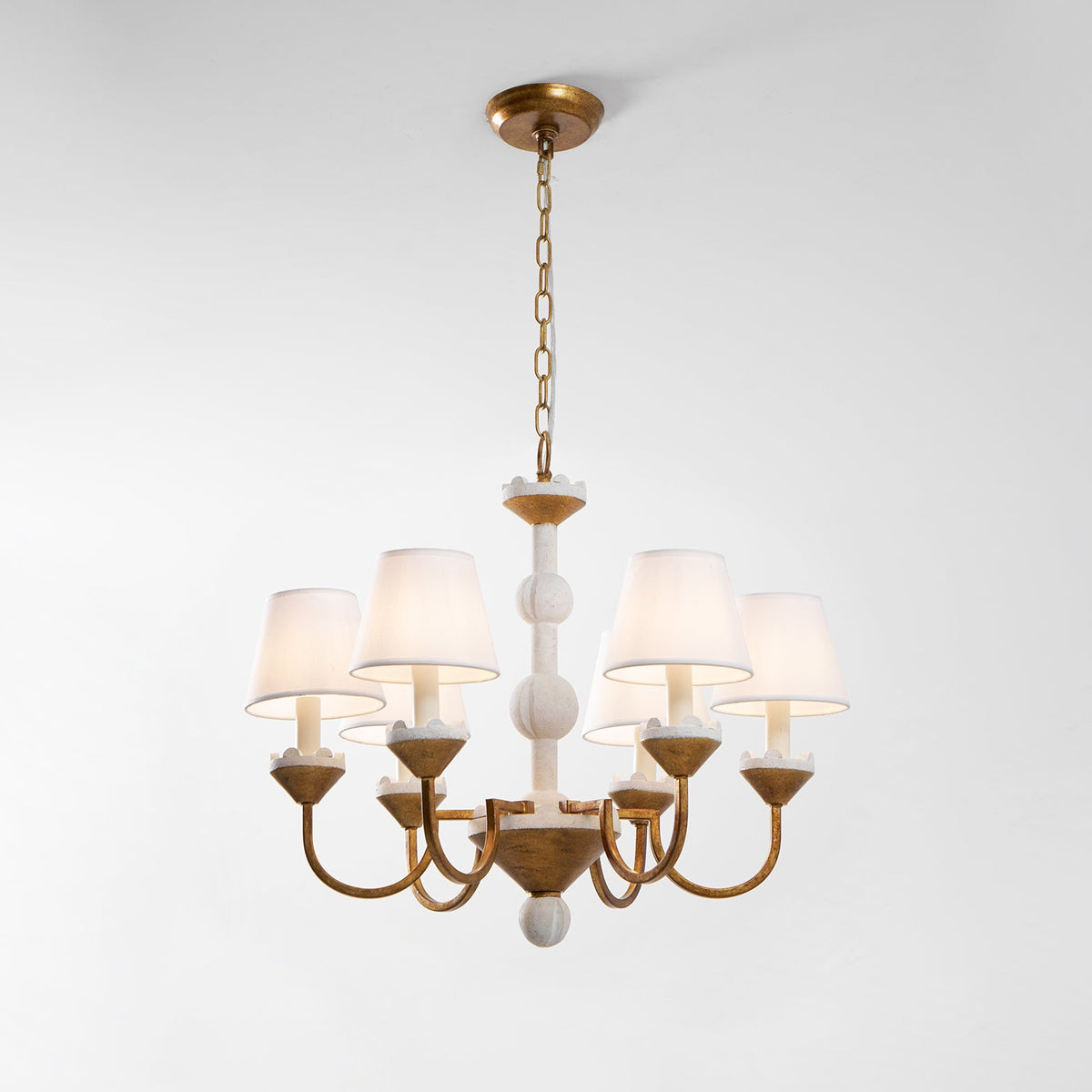 Cavaillon Chandelier – 1940s French Turned Wood & Fabric Shade Chandelier