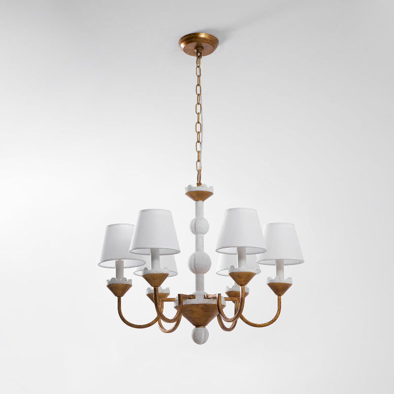 Cavaillon Chandelier – 1940s French Turned Wood & Fabric Shade Chandelier