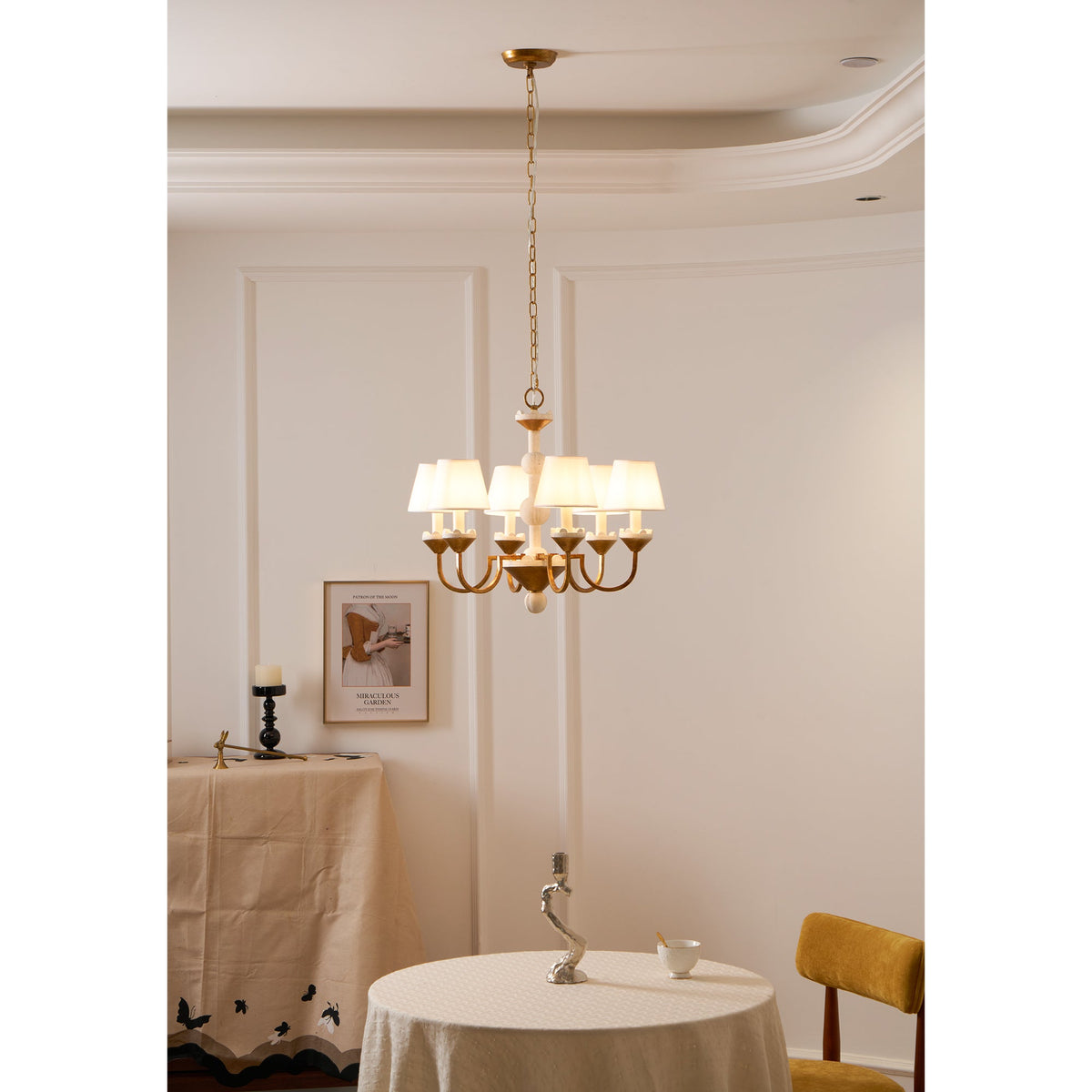 Cavaillon Chandelier – 1940s French Turned Wood & Fabric Shade Chandelier