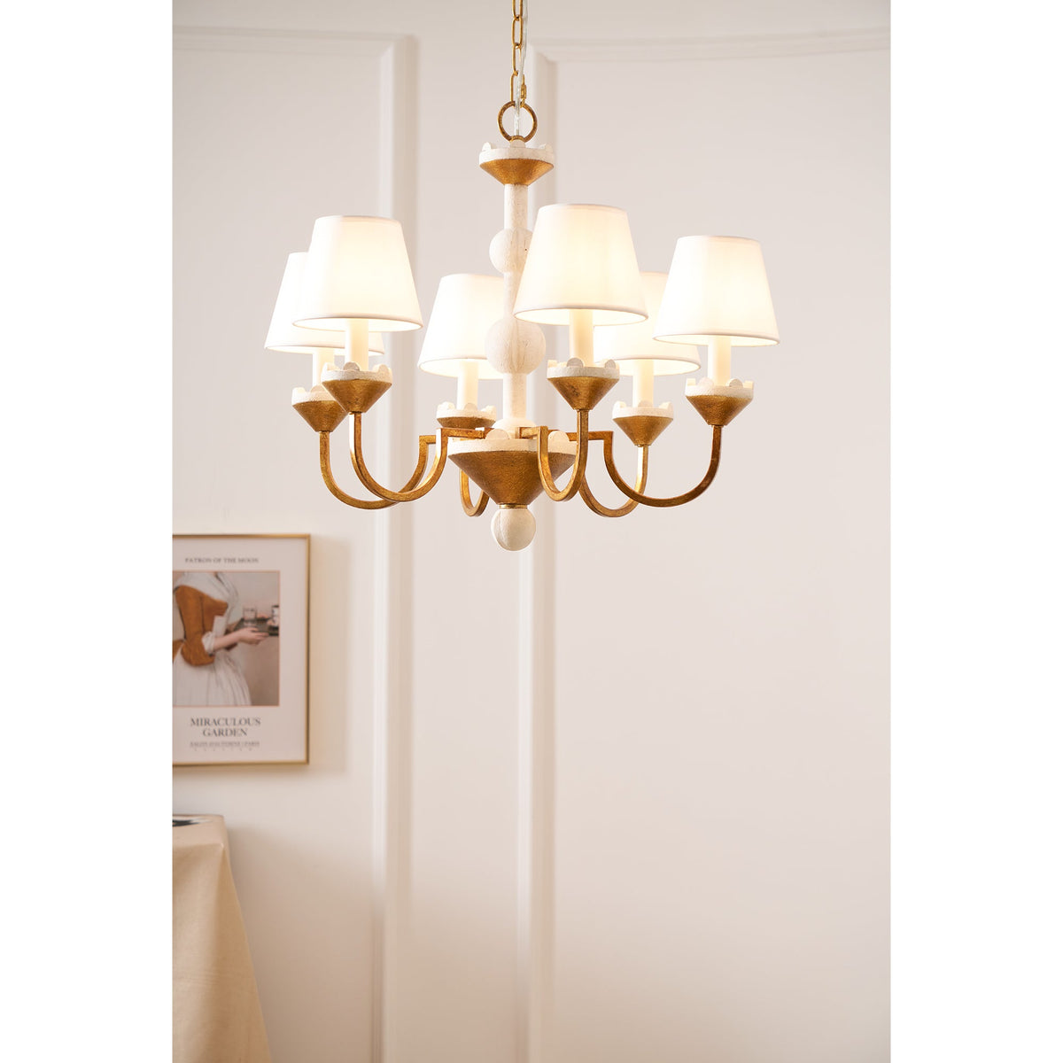 Cavaillon Chandelier – 1940s French Turned Wood & Fabric Shade Chandelier