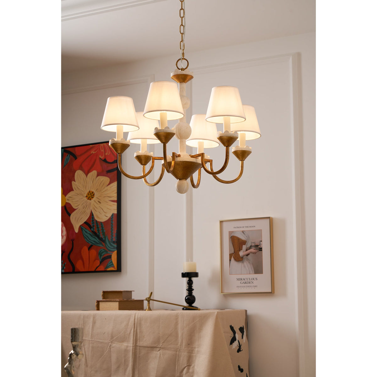 Cavaillon Chandelier – 1940s French Turned Wood & Fabric Shade Chandelier