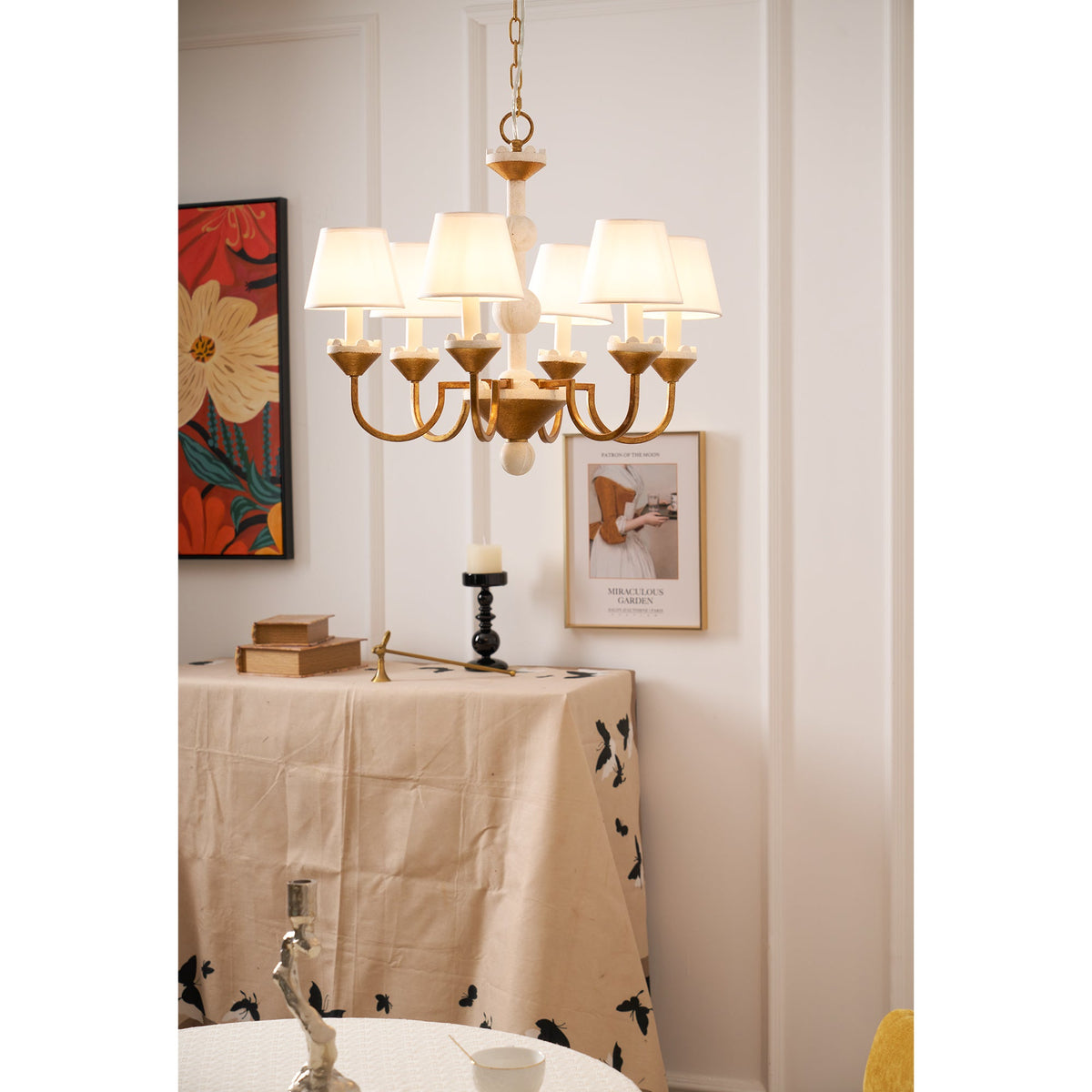 Cavaillon Chandelier – 1940s French Turned Wood & Fabric Shade Chandelier