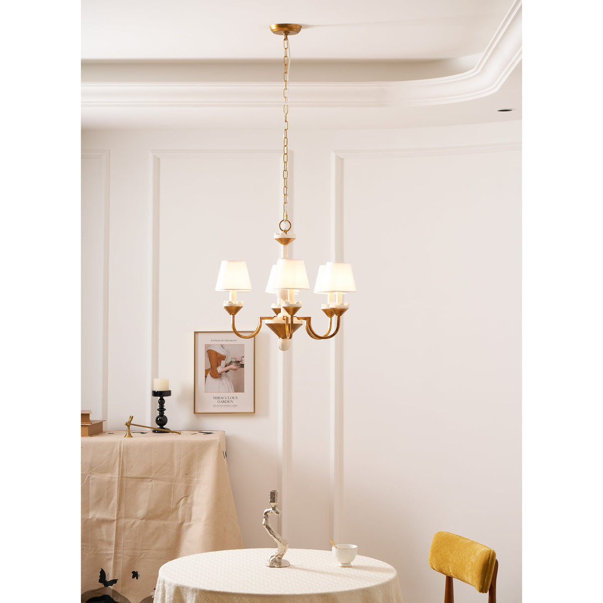 Cavaillon Chandelier – 1940s French Turned Wood & Fabric Shade Chandelier