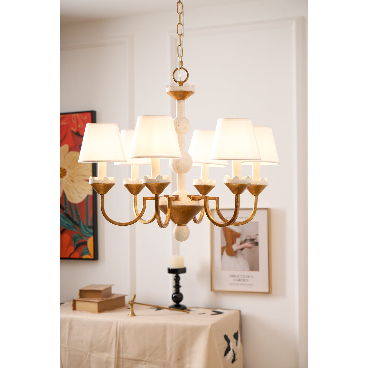 Cavaillon Chandelier – 1940s French Turned Wood & Fabric Shade Chandelier