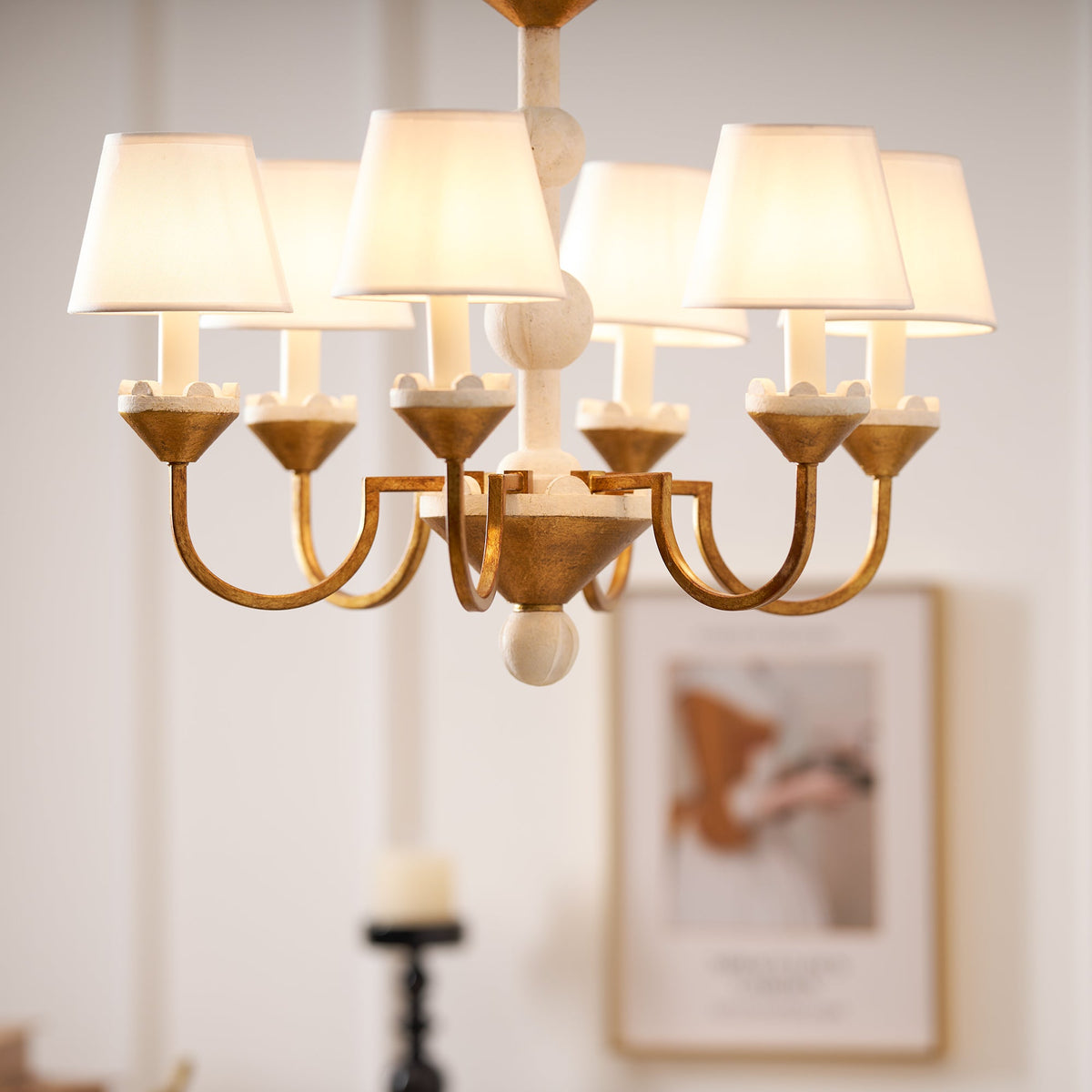 Cavaillon Chandelier – 1940s French Turned Wood & Fabric Shade Chandelier