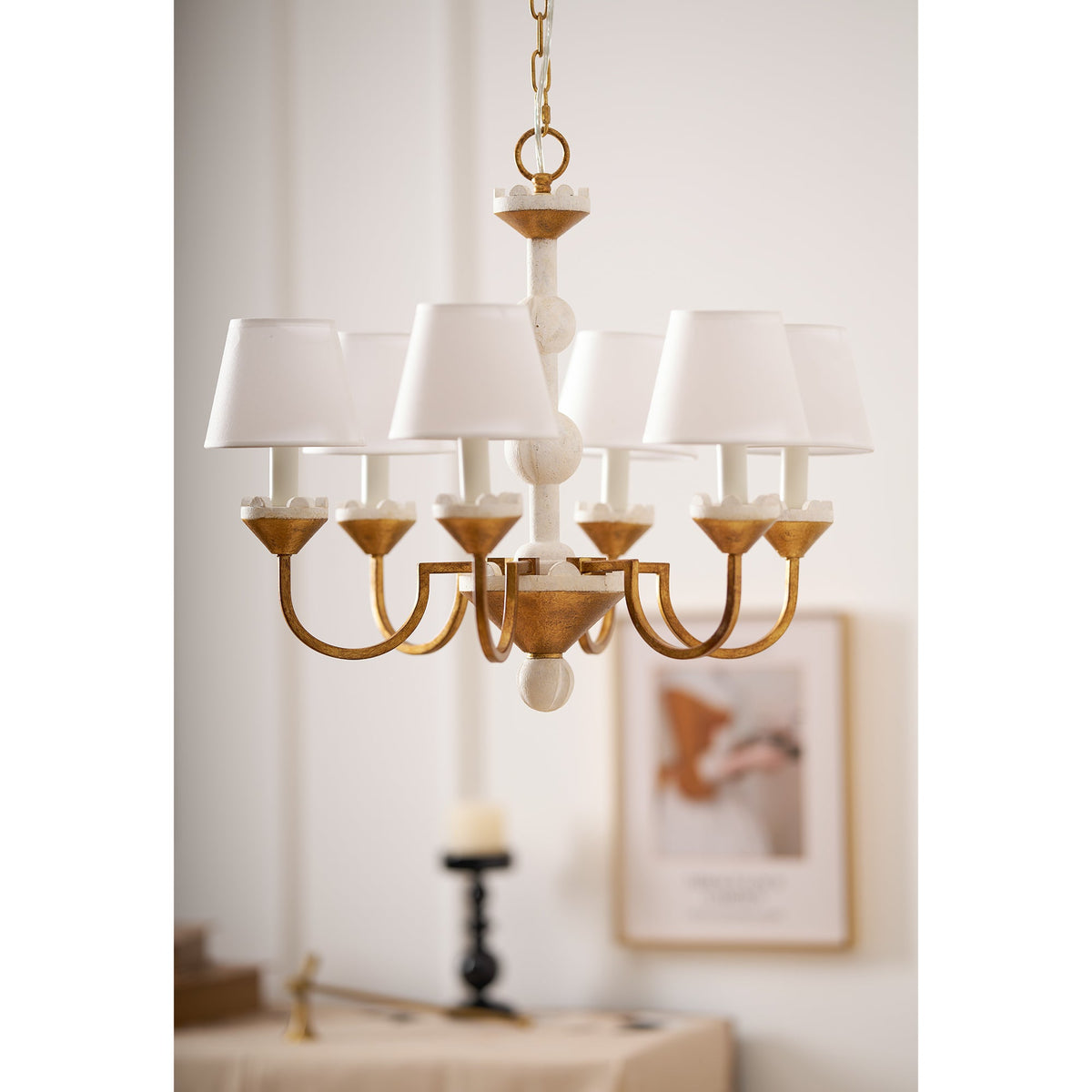 Cavaillon Chandelier – 1940s French Turned Wood & Fabric Shade Chandelier