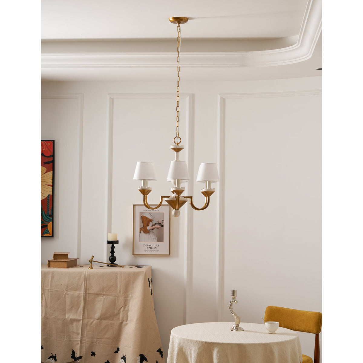 Cavaillon Chandelier – 1940s French Turned Wood & Fabric Shade Chandelier