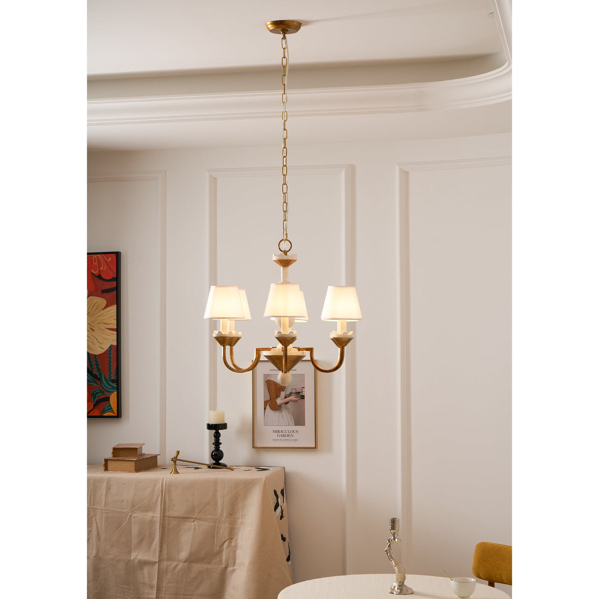 Cavaillon Chandelier – 1940s French Turned Wood & Fabric Shade Chandelier