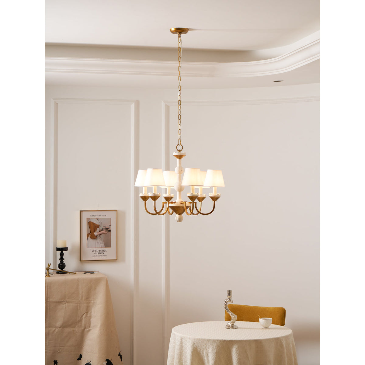 Cavaillon Chandelier – 1940s French Turned Wood & Fabric Shade Chandelier
