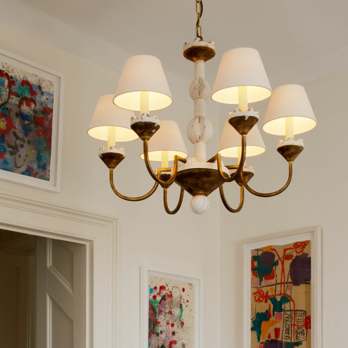 Cavaillon Chandelier – 1940s French Turned Wood & Fabric Shade Chandelier