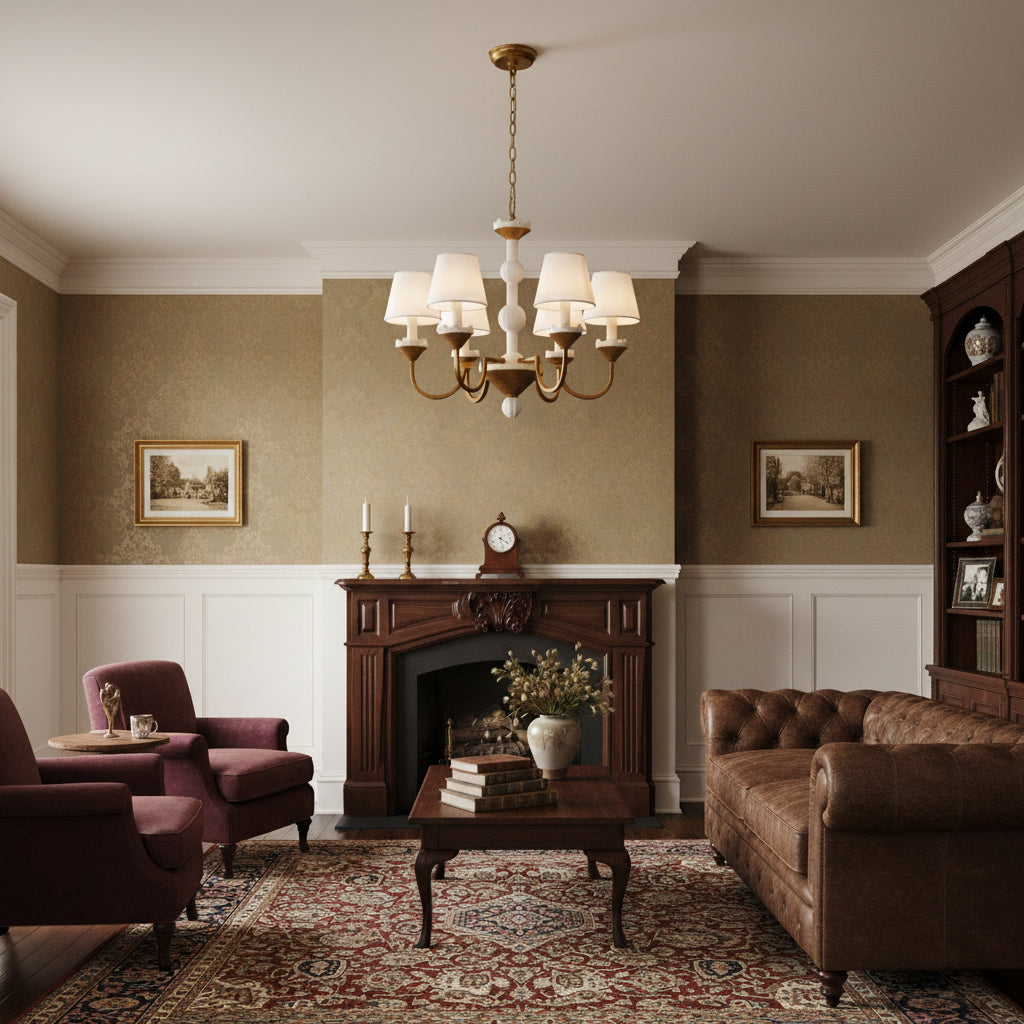 Cavaillon Chandelier – 1940s French Turned Wood & Fabric Shade Chandelier