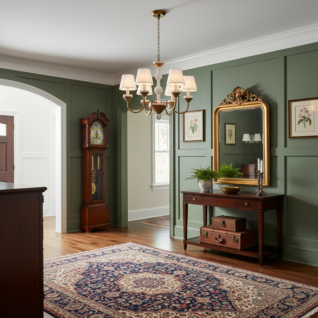 Cavaillon Chandelier – 1940s French Turned Wood & Fabric Shade Chandelier