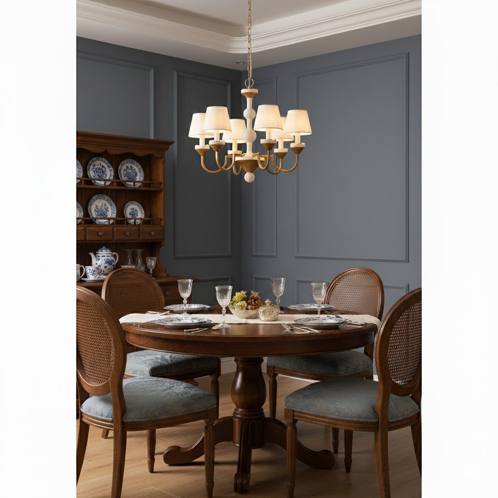 Cavaillon Chandelier – 1940s French Turned Wood & Fabric Shade Chandelier