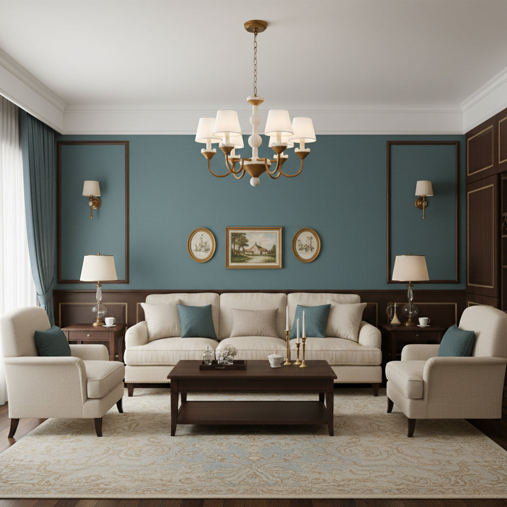 Cavaillon Chandelier – 1940s French Turned Wood & Fabric Shade Chandelier