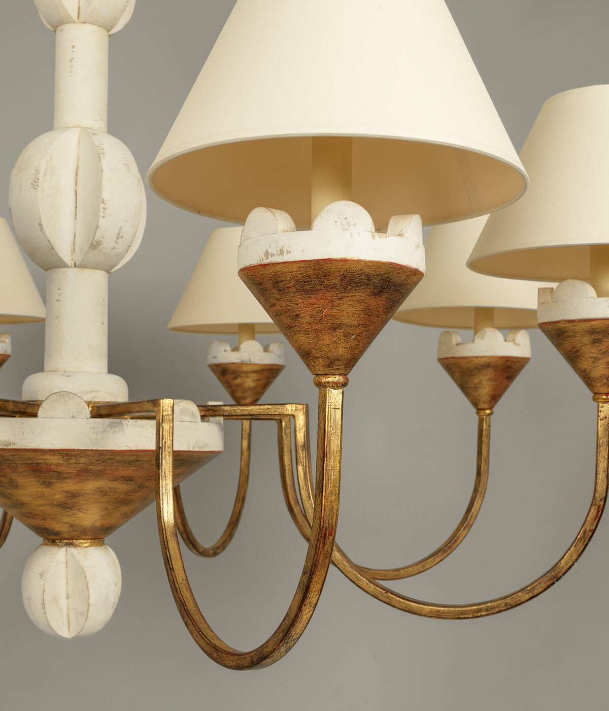 Cavaillon Chandelier – 1940s French Turned Wood & Fabric Shade Chandelier