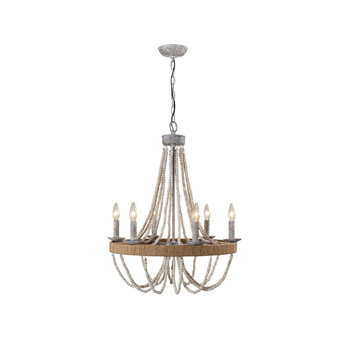 Cavitt Chandelier – Rustic Wooden Beaded & Hemp Wrapped 6-Light Chandelier