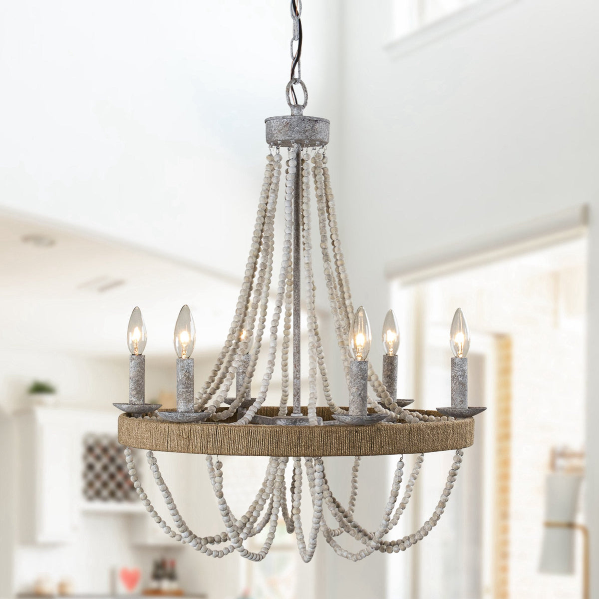 Cavitt Chandelier – Rustic Wooden Beaded & Hemp Wrapped 6-Light Chandelier