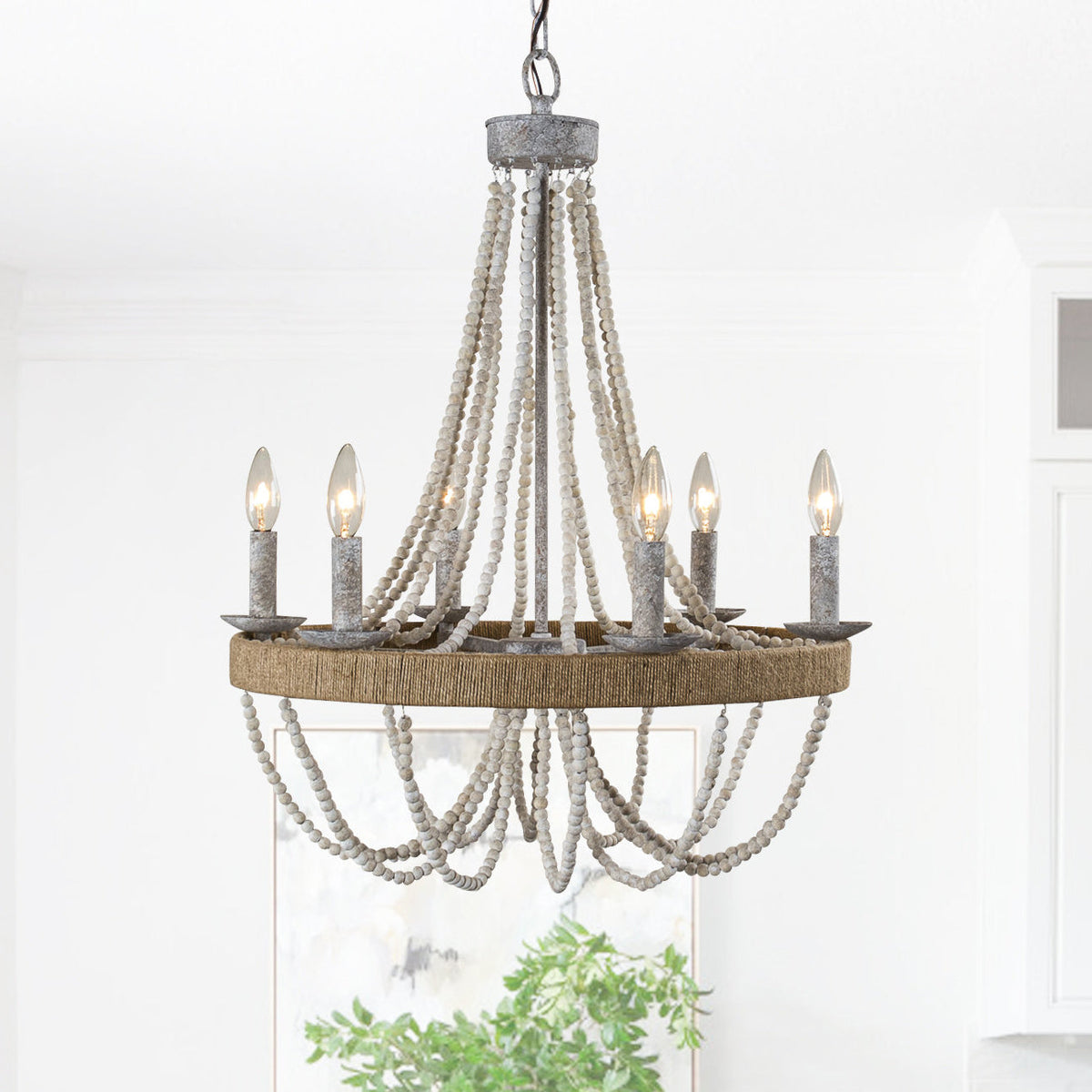 Cavitt Chandelier – Rustic Wooden Beaded & Hemp Wrapped 6-Light Chandelier