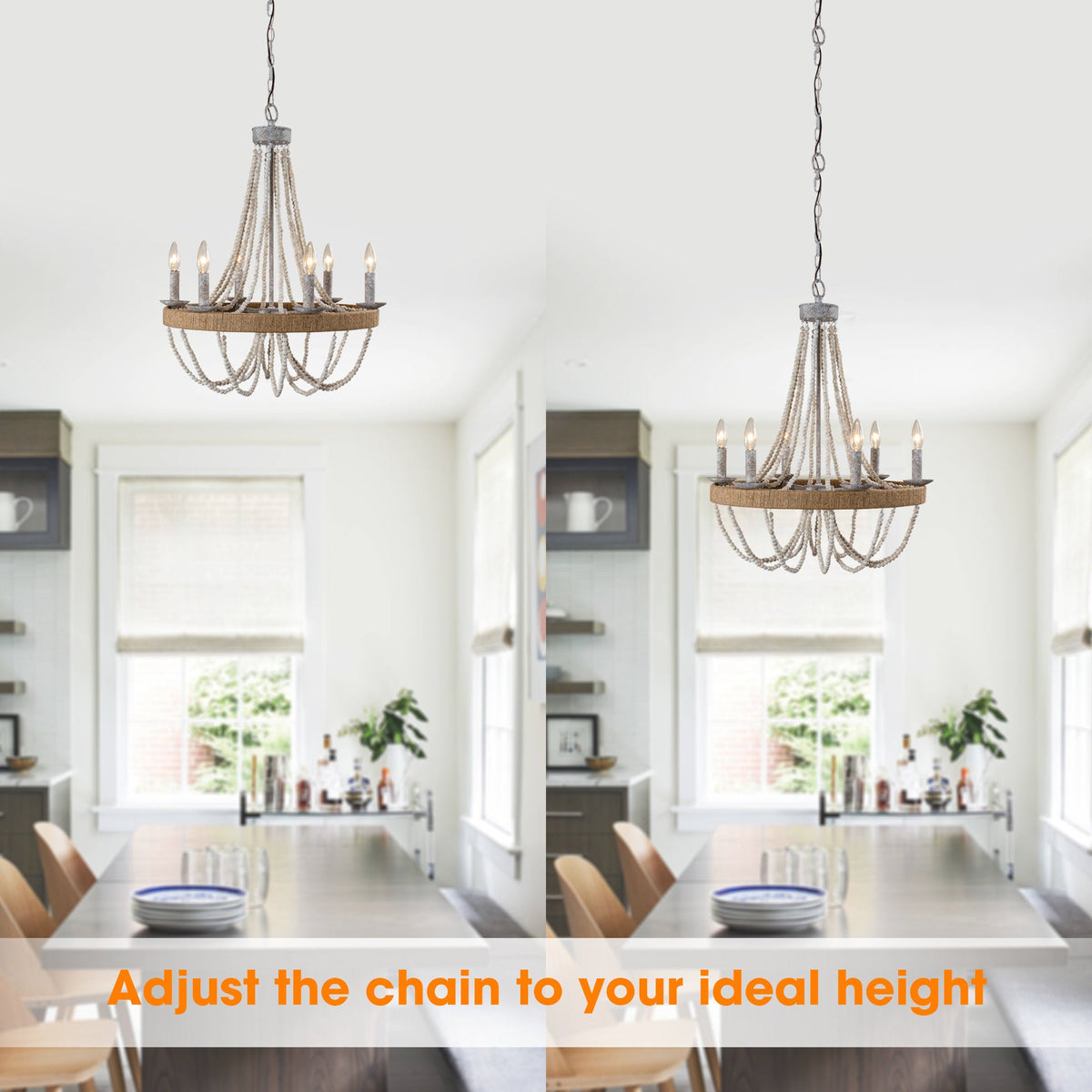 Cavitt Chandelier – Rustic Wooden Beaded & Hemp Wrapped 6-Light Chandelier
