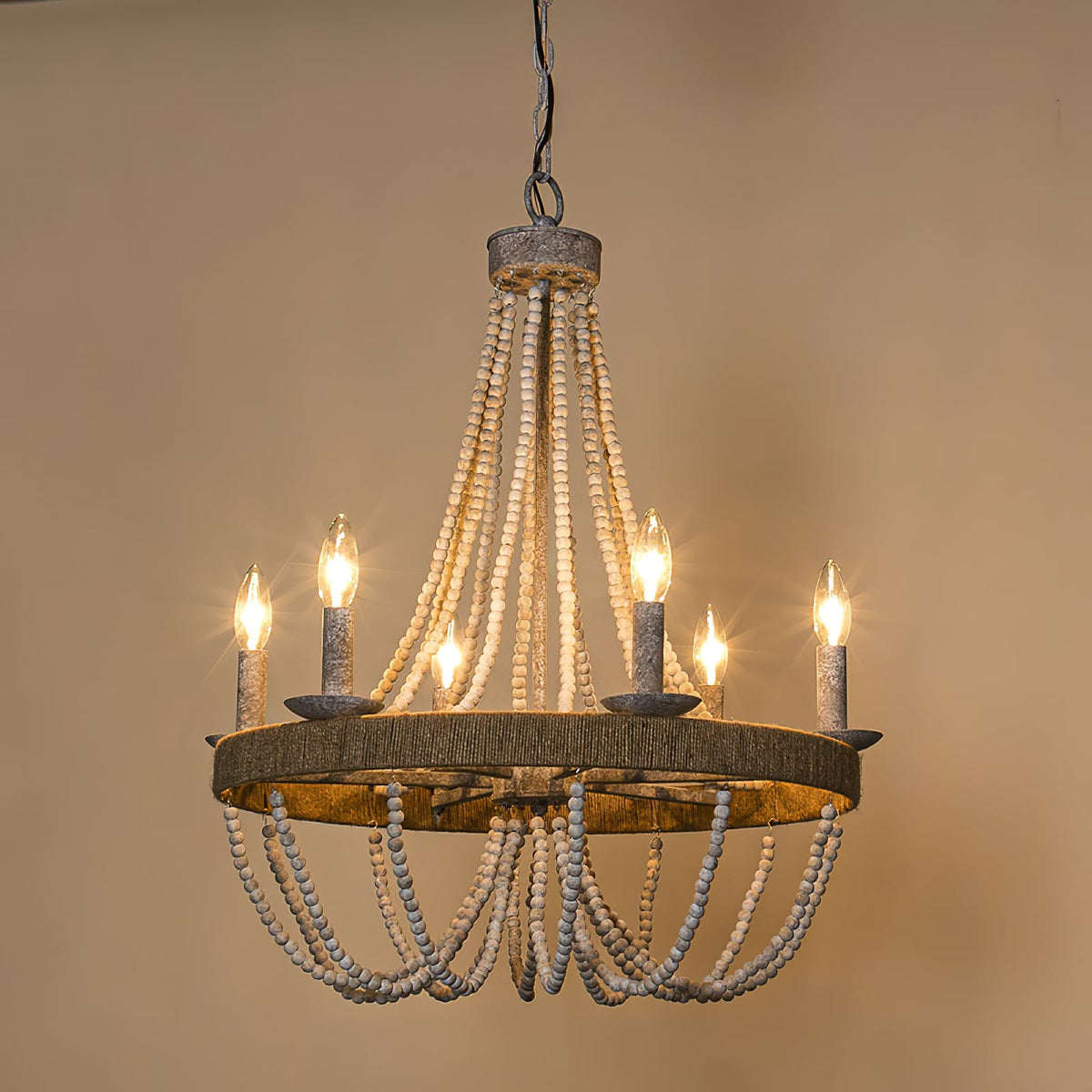 Cavitt Chandelier – Rustic Wooden Beaded & Hemp Wrapped 6-Light Chandelier