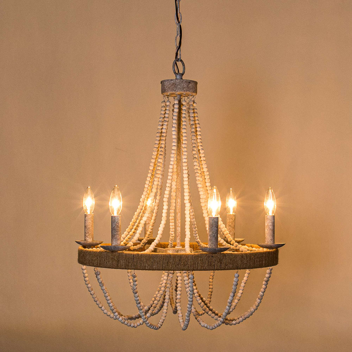 Cavitt Chandelier – Rustic Wooden Beaded & Hemp Wrapped 6-Light Chandelier