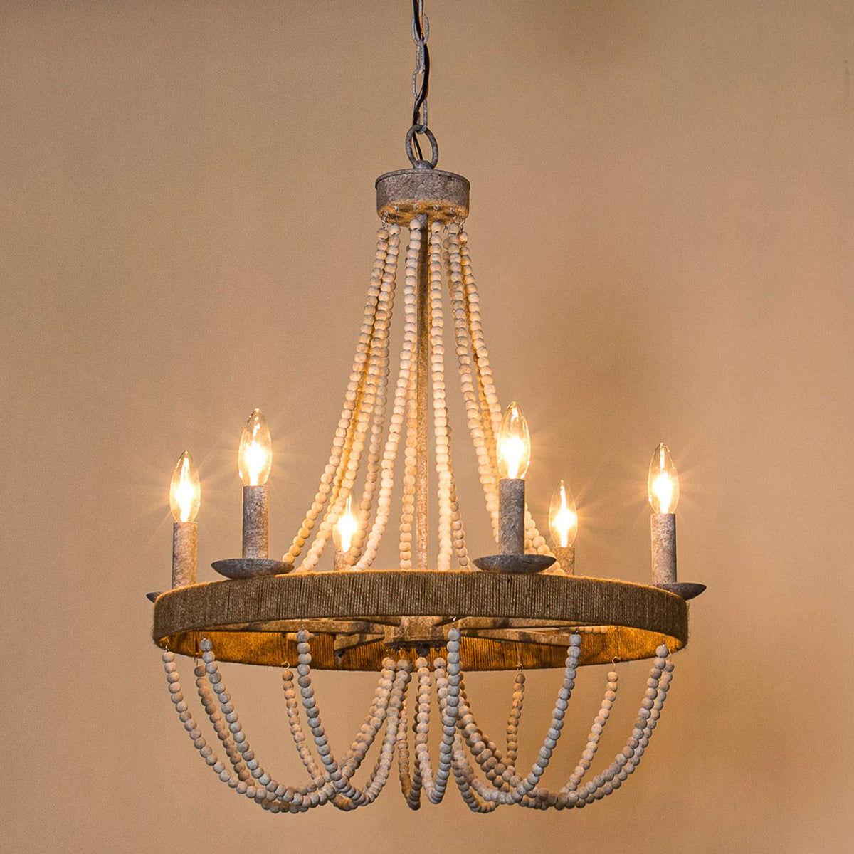Cavitt Chandelier – Rustic Wooden Beaded & Hemp Wrapped 6-Light Chandelier