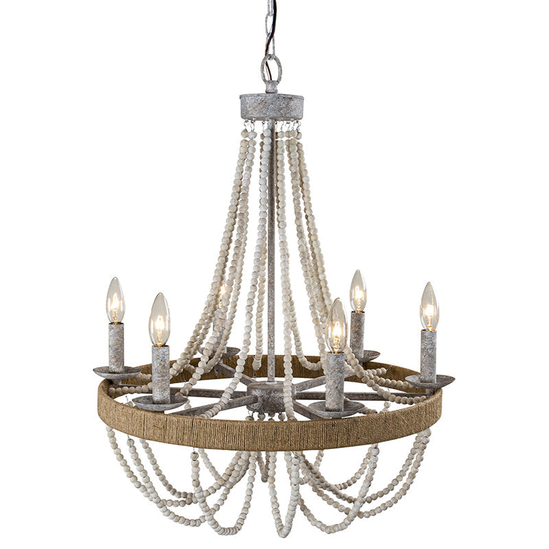 Cavitt Chandelier – Rustic Wooden Beaded & Hemp Wrapped 6-Light Chandelier