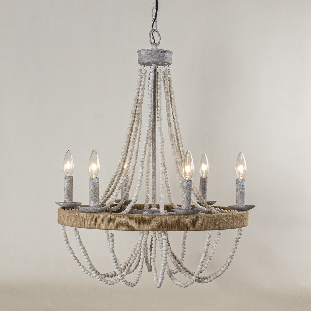 Cavitt Chandelier – Rustic Wooden Beaded & Hemp Wrapped 6-Light Chandelier