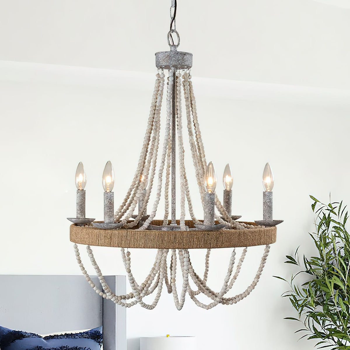 Cavitt Chandelier – Rustic Wooden Beaded & Hemp Wrapped 6-Light Chandelier