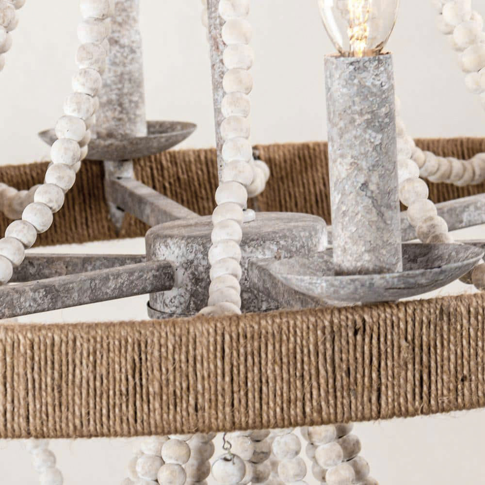 Cavitt Chandelier – Rustic Wooden Beaded & Hemp Wrapped 6-Light Chandelier