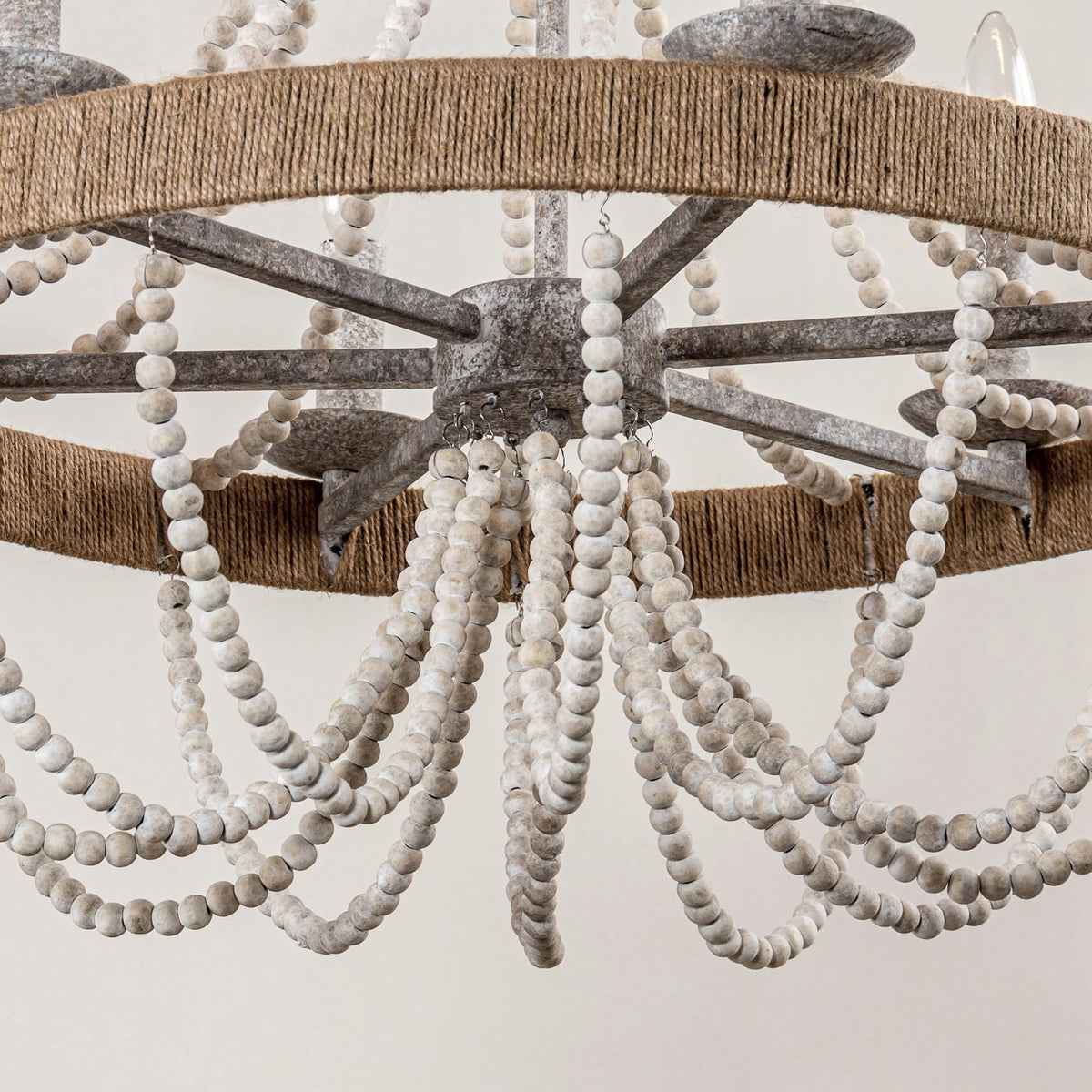 Cavitt Chandelier – Rustic Wooden Beaded & Hemp Wrapped 6-Light Chandelier