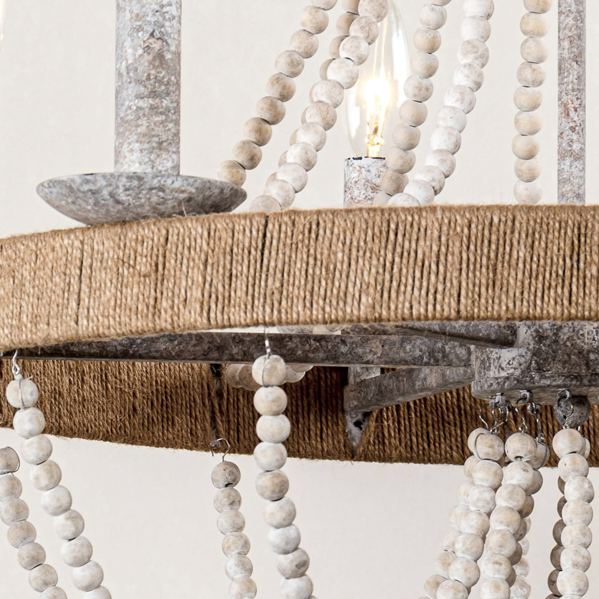 Cavitt Chandelier – Rustic Wooden Beaded & Hemp Wrapped 6-Light Chandelier