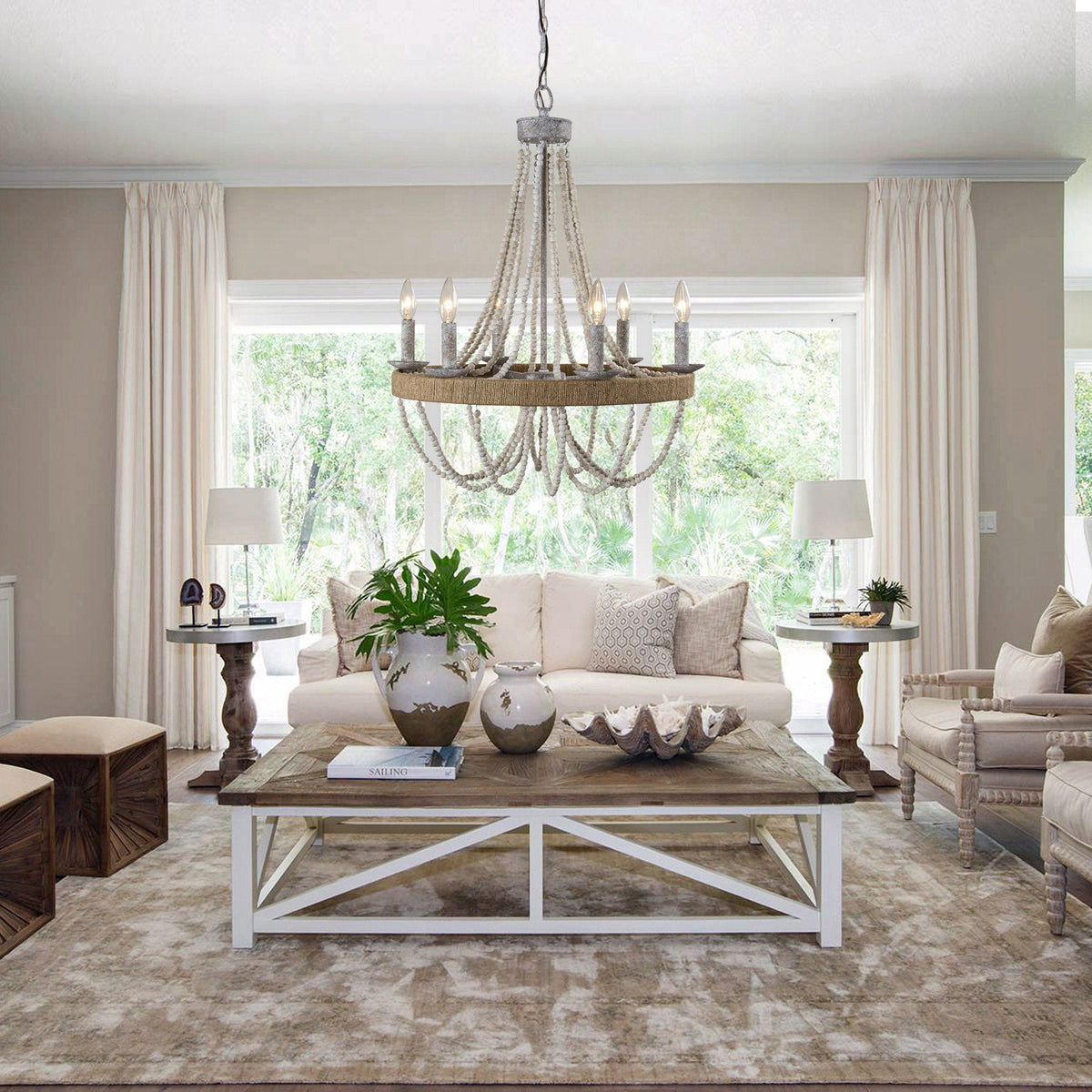 Cavitt Chandelier – Rustic Wooden Beaded & Hemp Wrapped 6-Light Chandelier
